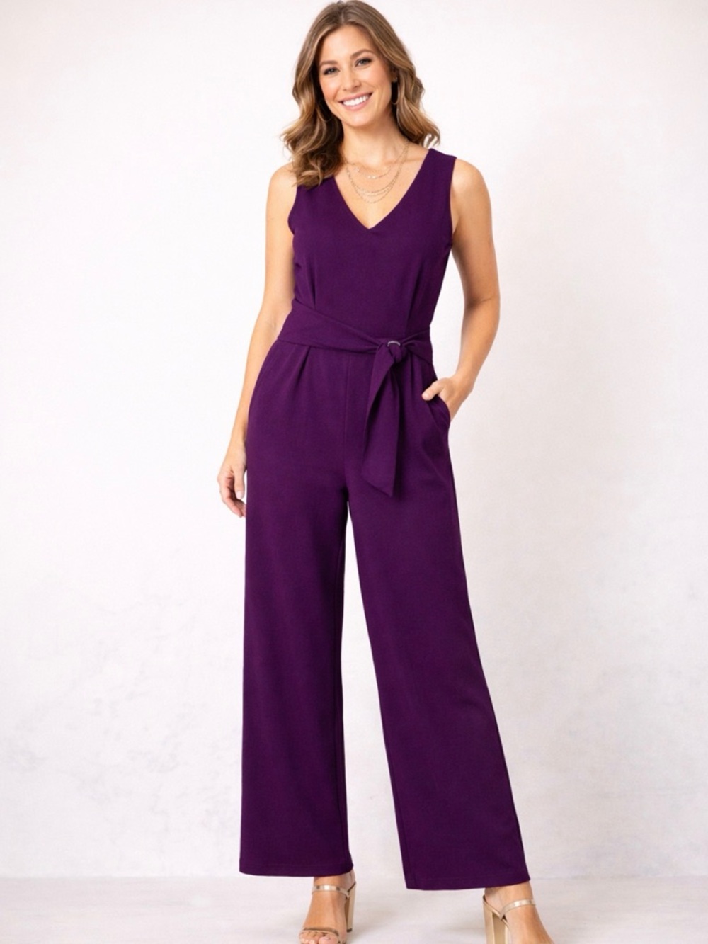 NWT Emma & Michele Plum Wide Leg Jumpsuit w/ Belt & Pockets Size 12 - Picture 2 of 12